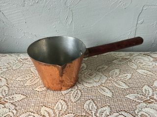 Vintage Santiq Small Copper Clad Sauce Pan Pot 3 1/2” W/pour Spout & Wood Handle