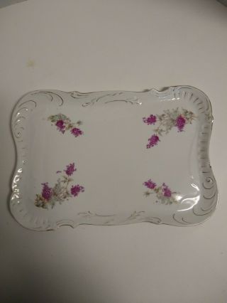 Vintage Porcelain Vanity Dresser Tray Gold Marks,  Purple Flowers,  White,  No Mark