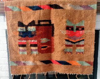 Colorful Mexican,  Cat,  Aztec,  Tribal,  Small Hand Woven Weave Pattern Wool Rug.