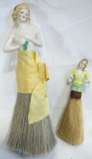 Two Vintage/antique Porcelain Doll Lady Clothes Whisk Shaving Brushes Germany