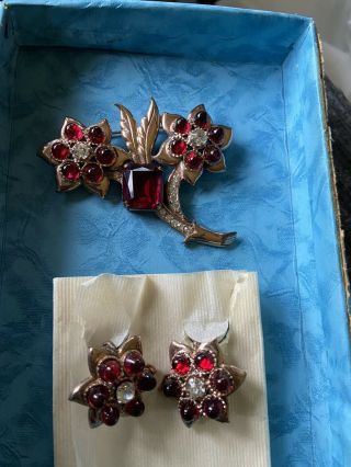 Antique Sterling Silver Brooch Pin & Screw On Earrings With Red Stones 1910 - 20’s