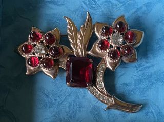 Antique Sterling Silver Brooch Pin & Screw On Earrings With Red Stones 1910 - 20’s 2