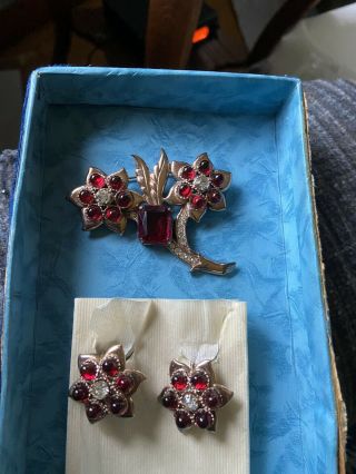 Antique Sterling Silver Brooch Pin & Screw On Earrings With Red Stones 1910 - 20’s 3