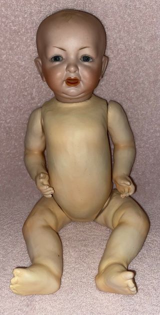 Antique 14” German Bisque Head Character Baby Doll Hertel Schwab 142 Nude