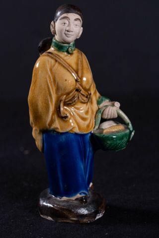 Htf Antique Shiwan Clay Mudman Woman W/ Basket And Child Figurine Statue