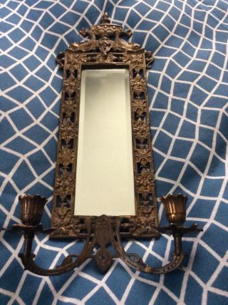 Antique Ornate Gilt Bronze Brass Wall Mirror Candle Holder Sconce Fixture