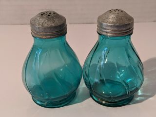 Antique Ultramarine Teal Swirl Ldepression Salt And Pepper Shakers