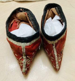 Antique Chinese Silk Embroidered Lotus Bound Feet Shoes Mid 19th Century