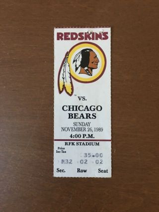 1989 Washington Redskins Vs Chicago Bears Nfl Ticket Stub - Rfk Stadium