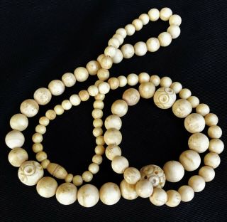 Antique Chinese Carved Bovine Bone Graduated Ojime Bead 30 " Necklace Screw Clasp