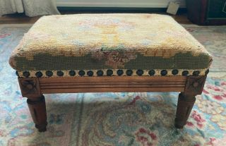 Antique French Louis Xvi Style Carved Wood Floral Needlepoint Footstool