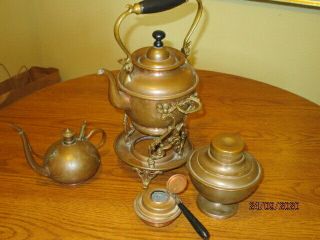 Antique Copper Samover Kettle With Brass Stand,  Burner,  Damper And Accessories