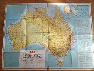 Vintage Taa Wall Map Of Australia & The Territory Of P/ng Air Routes 1962