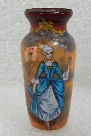 Antique French Guilloche Enamel Portrait Painting Miniature Vase Signed Vile