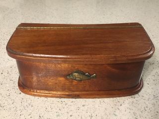Antique Vintage Wood Fly Fishing Tackle Bait Belt/waist Box Metal Decal 8x4x3