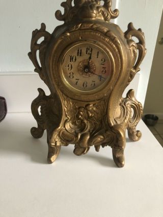 Antique Westclox Cast Iron Victorian Shelf Mantle Clock Ornate Cherub 11h By 8