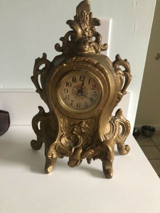Antique Westclox Cast Iron Victorian Shelf Mantle Clock Ornate Cherub 11h By 8 2