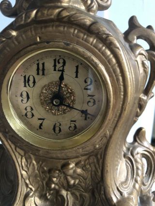 Antique Westclox Cast Iron Victorian Shelf Mantle Clock Ornate Cherub 11h By 8 3