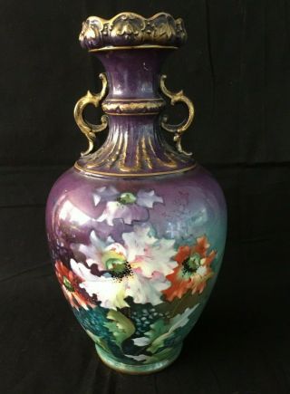 Antique Royal Bonn Germany Porcelain Vase 9 " Handles Hand Painted Floral Poppies
