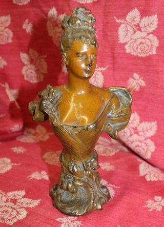 Antique Art Nouveau Victorian Metal Brass Bronze Bust Woman Small Size