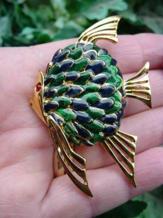 Vintage Gold Tone - Green And Blue - Enamel Fish Pin - Ocean Beach Theme Brooch