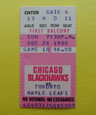 Darryl Sittler Hat Trick Toronto Maple Leafs @ Blackhawks Nhl Ticket Stub 1980