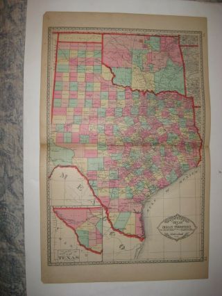 Huge Antique 1885 Texas Indian Territory Oklahoma Handcolored Map Houston Austin