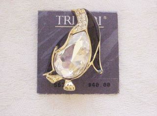Vintage Trifari Penguin Pin Brooch Black Enamel Crystals Gold On Card
