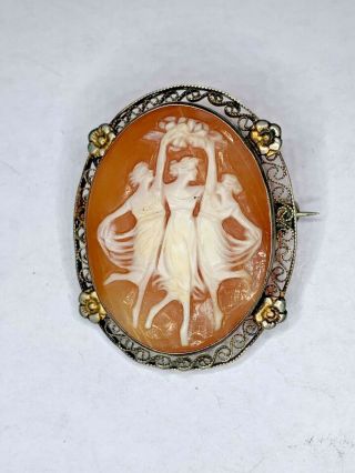 Antique Hand Carved Shell Cameo Of The Three Graces Pin