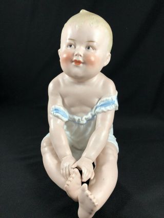 Lg.  Antique Gebruder Heubach German Bisque Porcelain Piano Baby Figurine 8 " Tall