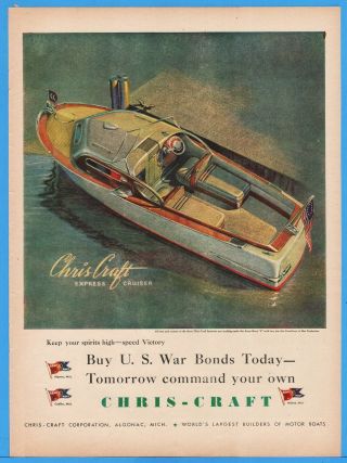 1944 Chris - Craft Algonac Michigan Express Cruiser Boat Art Vintage Wwii Era Ad