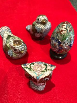 Vintage Cloisonne Birds,  Owl And Egg Chinese Figurine Ornaments