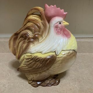 Ceramic Cookie Jar Rooster Chicken Vintage Hand Painted Brown Multi Colored