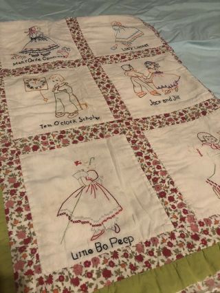 Large 58x40 Vintage Hand Embroidered Nursery Rhymes Quilt