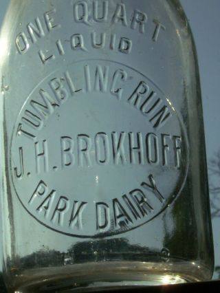 Vintage J.  H.  Brokhoff 1 Qt.  Milk Bottle.  Tumbling Run Park,  Pa.