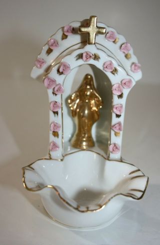 Vintage Lefton China Mother Mary Holy Water Font With Pink Rose & Gold Trim