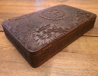 STUNNING ANTIQUE CARVED WOODEN BOX FOR CIGARS JEWELRY TRINKETS DETAIL 3