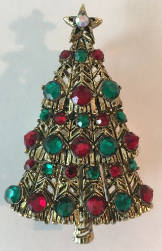 Hollycraft Signed Vintage Christmas Tree Red & Green Rhinestone Pin Brooch