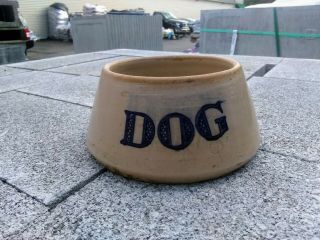Antique Blue & White Stoneware Pottery Dog Bowl