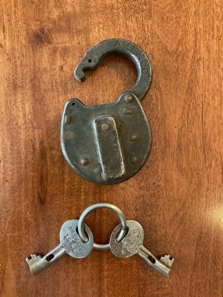 Antique Strong Box Lock And Keys Stamped Hasp And Back Amexp Company Orbin