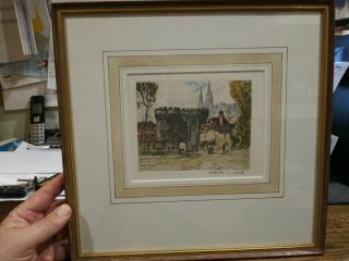 Vintage Franz Xaver Wolf Colored Etching Of Castle,  Hand Signed