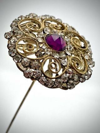 Antique Hatpin Golden Swirls Amethyst & Clear Rhinestones.  Long Collectible Lady