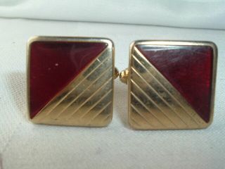 Vintage Mens Cufflinks Gold Tone & Red Accent