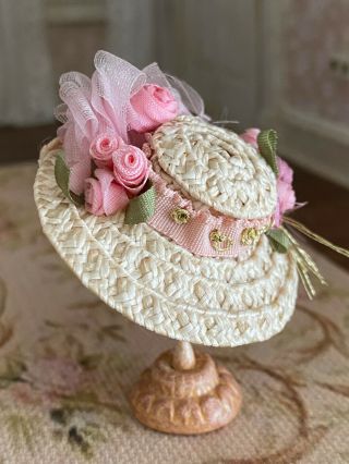 Vintage Miniature Dollhouse Artisan Made Victorian Summer Straw Hat Light Pink