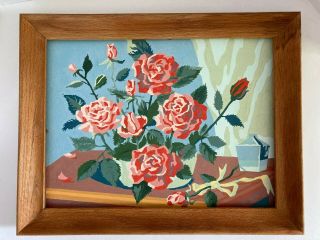 Vintage Paint By Number Roses Bouquet 16” X 12” Framed Pbn