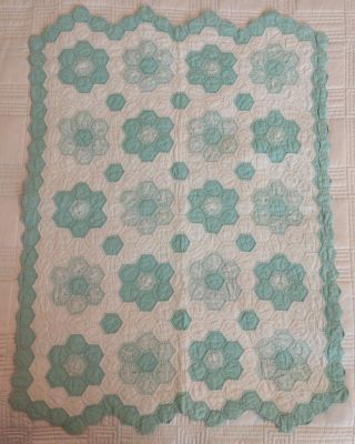 Vintage Grandmothers Flower Garden Quilt 1930s Feedsack Table Doll Hand Stiched