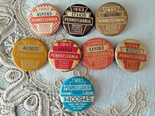8 Vintage Pa Resident Citizens Fishing License Pin Back Buttons 7 1950 