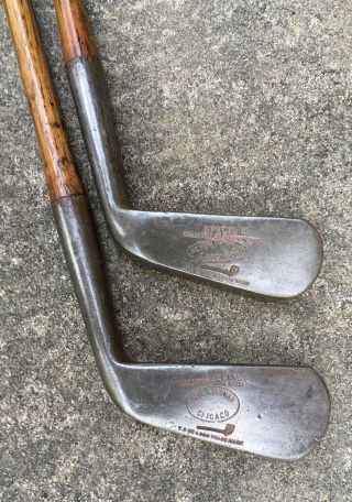 2 Antique Hickory Shaft T Stewart Herd & Yeoman Chicago Smooth Face Irons