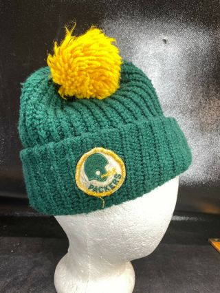 Vtg 70s 80s Green Bay Packers Nfl Winter Knit Ski Hat Cap Patch Snow Pom