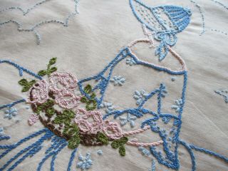 Vintage Hand Embroidered Cushion Cover - Crinoline Lady & Flora